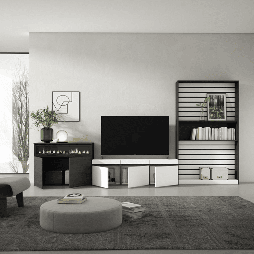 Conjunto de móveis TV, Mobiliário sala de estar, 360x35x186cm, Para televisores até 65, Lareira eléctrica, Estilo moderno, Branco e preto