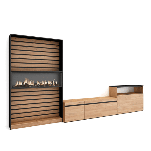Conjunto de móveis TV, Mobiliário sala de estar, 360x35x186cm, Para televisores até 65, Lareira eléctrica XXL, Estilo moderno, Carvalho e preto Conjunto de móveis TV, Mobiliário sala de estar, 360x35x186cm, Para televisores até 65, Lareira eléctrica XXL, Estilo moderno, Carvalho e preto