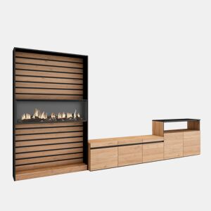 Conjunto de móveis TV, Mobiliário sala de estar, 360x35x186cm, Para televisores até 65, Lareira eléctrica XXL, Estilo moderno, Carvalho e preto