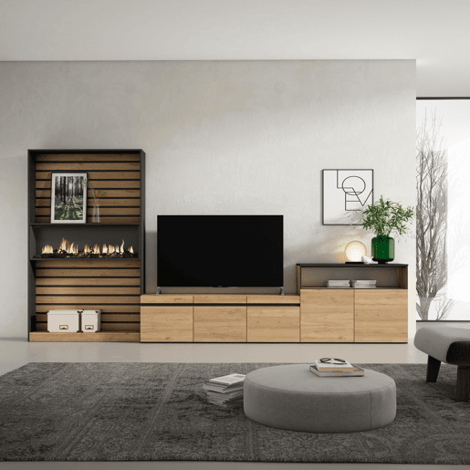 Conjunto de móveis TV, Mobiliário sala de estar, 360x35x186cm, Para televisores até 65, Lareira eléctrica XXL, Estilo moderno, Carvalho e preto Conjunto de móveis TV, Mobiliário sala de estar, 360x35x186cm, Para televisores até 65, Lareira eléctrica XXL, Estilo moderno, Carvalho e preto