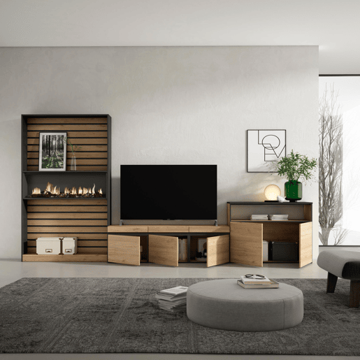 Conjunto de móveis TV, Mobiliário sala de estar, 360x35x186cm, Para televisores até 65, Lareira eléctrica XXL, Estilo moderno, Carvalho e preto Conjunto de móveis TV, Mobiliário sala de estar, 360x35x186cm, Para televisores até 65, Lareira eléctrica XXL, Estilo moderno, Carvalho e preto