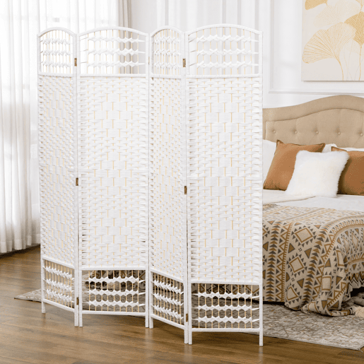 HOMCOM Biombo de 4 Painéis Separador de Ambientes 160x170 cm Divisor de Habitação Dobrável de Corda de Papel e Estrutura de Madeira Decoração para Dormitório Sala de Estar Branco