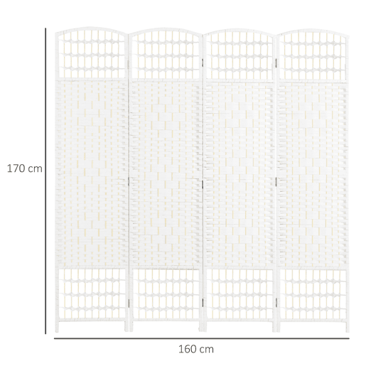 HOMCOM Biombo de 4 Painéis Separador de Ambientes 160x170 cm Divisor de Habitação Dobrável de Corda de Papel e Estrutura de Madeira Decoração para Dormitório Sala de Estar Branco