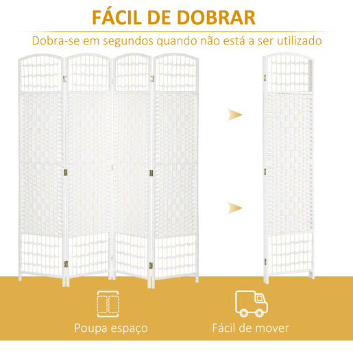 HOMCOM Biombo de 4 Painéis Separador de Ambientes 160x170 cm Divisor de Habitação Dobrável de Corda de Papel e Estrutura de Madeira Decoração para Dormitório Sala de Estar Branco