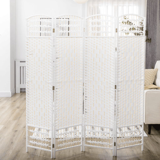 HOMCOM Biombo de 4 Painéis Separador de Ambientes 160x170 cm Divisor de Habitação Dobrável de Corda de Papel e Estrutura de Madeira Decoração para Dormitório Sala de Estar Branco