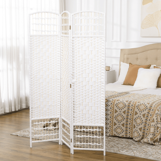 HOMCOM Biombo Dobrável de 3 Painéis, 120x170 cm, Separador de Ambientes em Corda de Papel, Estrutura de Madeira, Decoração para Quarto e Sala, Branco