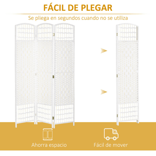 HOMCOM Biombo Dobrável de 3 Painéis, 120x170 cm, Separador de Ambientes em Corda de Papel, Estrutura de Madeira, Decoração para Quarto e Sala, Branco