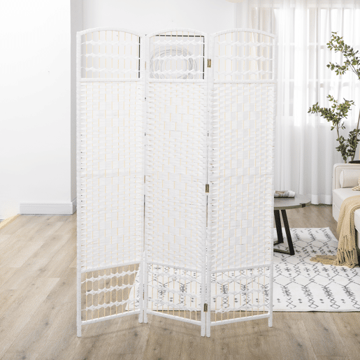 HOMCOM Biombo Dobrável de 3 Painéis, 120x170 cm, Separador de Ambientes em Corda de Papel, Estrutura de Madeira, Decoração para Quarto e Sala, Branco