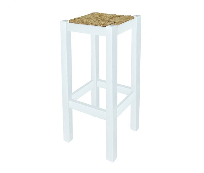 Banqueta rústica cuadrada alta en madera, acabado en blanco, 32,5x32,5x70 cm