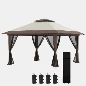 Outsunny Tenda Dobrável Pop-UP 3,92x3,92x2,83 m Tenda de Jardim com Altura Ajustável Proteção UV50+ Teto Duplo Rede Mosquiteira e Bolsa de Transporte com Rodas para Festas Campismo Bege e Marrom