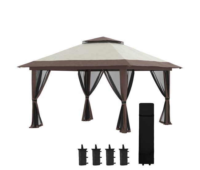 Outsunny carpa plegable pop-up 4x4x2,8 m cenador de jardín con paredes altura ajustable anti-uv impermeable doble techo mosquiteras y bolsa de ruedas gazebo para exterior fiestas camping beige