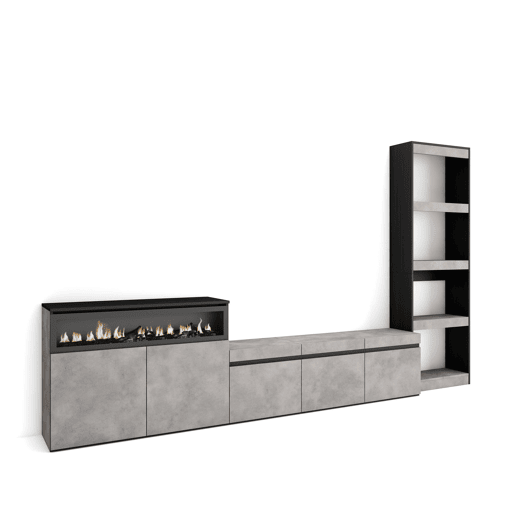 Conjunto de móveis TV, Mobiliário sala de estar, 310x35x186cm, Para televisores até 65, Lareira eléctrica, Estilo moderno, Cimento