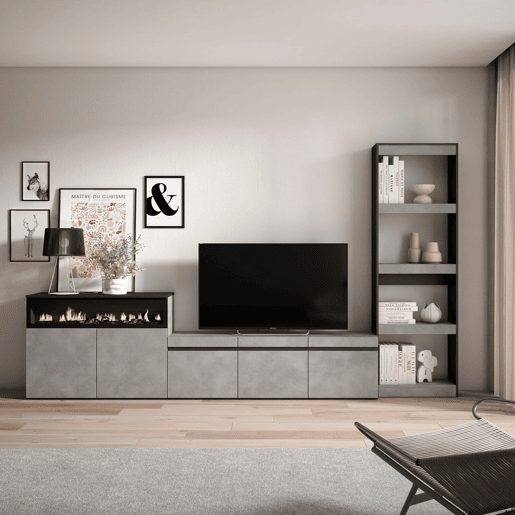 Conjunto de móveis TV, Mobiliário sala de estar, 310x35x186cm, Para televisores até 65, Lareira eléctrica, Estilo moderno, Cimento