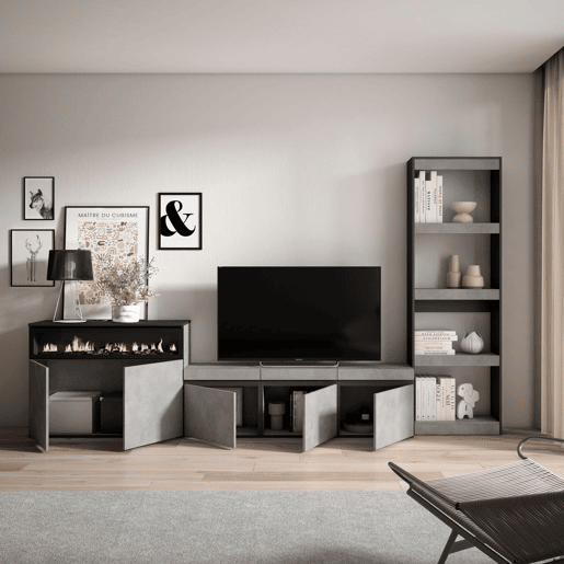 Conjunto de móveis TV, Mobiliário sala de estar, 310x35x186cm, Para televisores até 65, Lareira eléctrica, Estilo moderno, Cimento