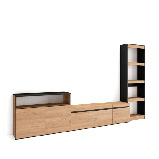 Conjunto de móveis TV, Mobiliário sala de estar, 310x35x186cm, Para televisores até 65, Estante para TV, Estilo moderno, Carvalho e preto