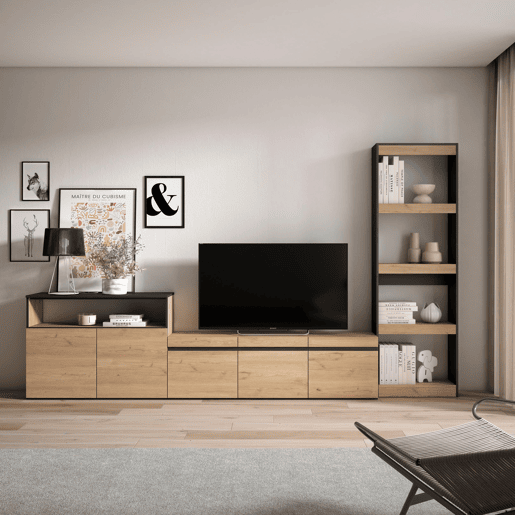 Conjunto de móveis TV, Mobiliário sala de estar, 310x35x186cm, Para televisores até 65, Estante para TV, Estilo moderno, Carvalho e preto