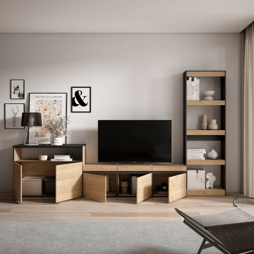 Conjunto de móveis TV, Mobiliário sala de estar, 310x35x186cm, Para televisores até 65, Estante para TV, Estilo moderno, Carvalho e preto