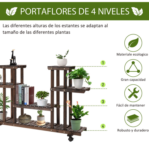 Outsunny Suporte para Plantas de 4 Níveis com Rodas Suporte para Vasos de Plantas para Interior e Exterior 123,5x33x80 cm Marrom Escuro