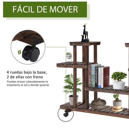 Outsunny Suporte para Plantas de 4 Níveis com Rodas Suporte para Vasos de Plantas para Interior e Exterior 123,5x33x80 cm Marrom Escuro
