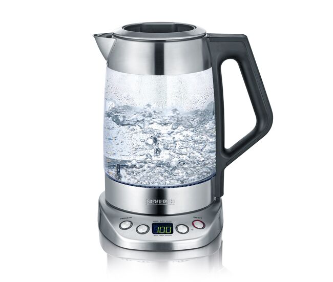 Severin - tetera y hervidor de agua de cristal deluxe, tetera eléctrica con temperatura y tiempo ajustables, tetera hervidor con programas, 3000 w, acero inoxidable, wk 3479