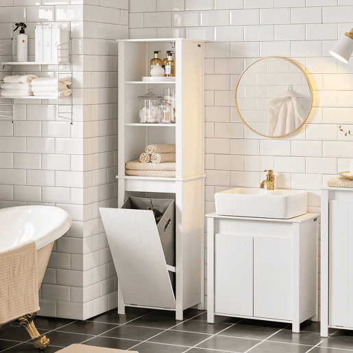 SoBuy Armário alto de casa de banho com 3 prateleiras e 1 cesto BZR102-W