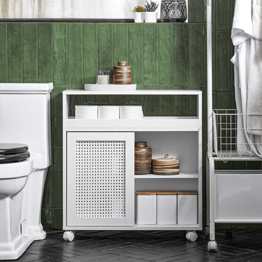 SoBuy BZR119-W Prateleira estreita de casa de banho com 2 portas, 1 prateleira e 4 rodízios
