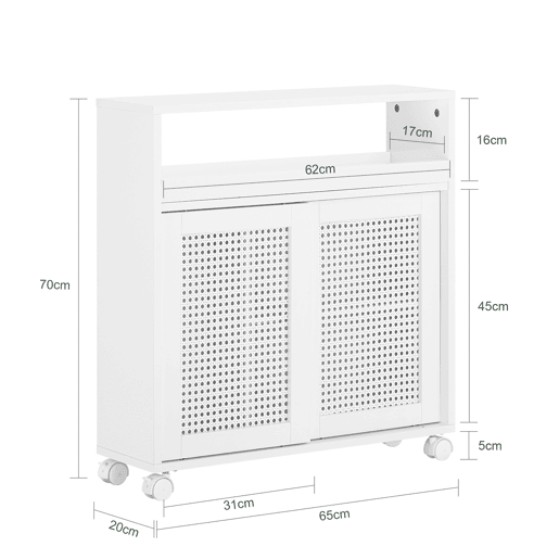 SoBuy BZR119-W Prateleira estreita de casa de banho com 2 portas, 1 prateleira e 4 rodízios