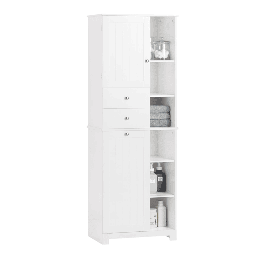 SoBuy BZR104-W Armário alto de casa de banho com prateleiras e cesto para roupa suja
