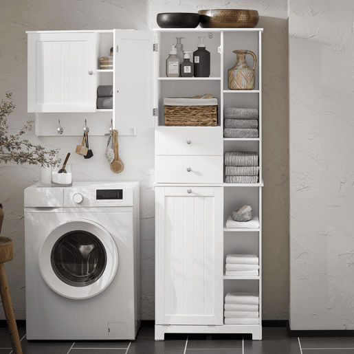 SoBuy BZR104-W Armário alto de casa de banho com prateleiras e cesto para roupa suja