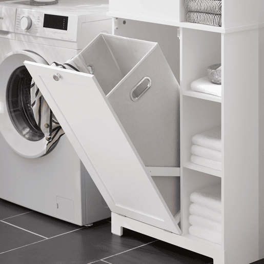 SoBuy BZR104-W Armário alto de casa de banho com prateleiras e cesto para roupa suja
