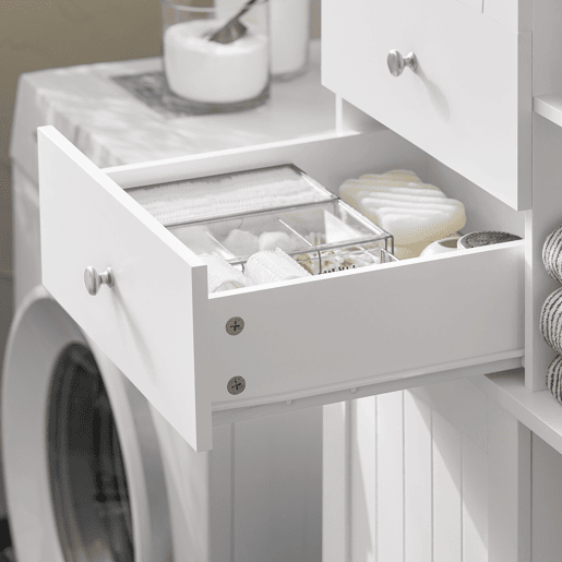 SoBuy BZR104-W Armário alto de casa de banho com prateleiras e cesto para roupa suja
