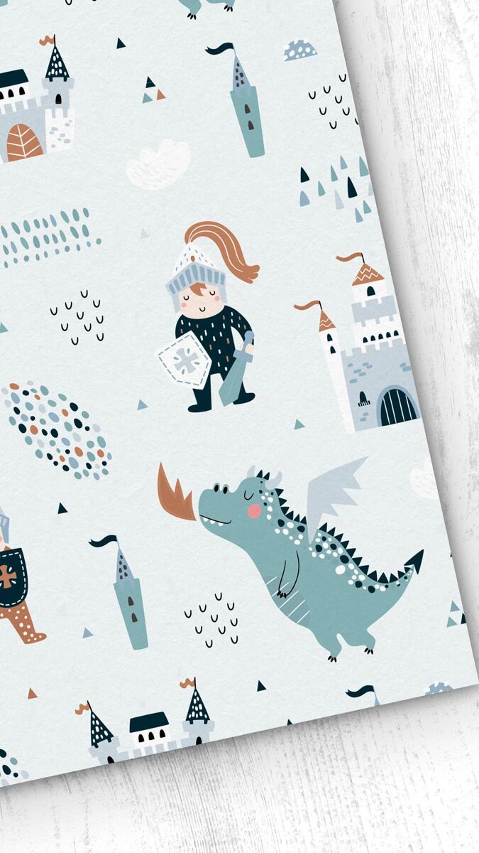 Papel pintado infantil dragón dragón - azul - 1 rollo 55 x 300 cm