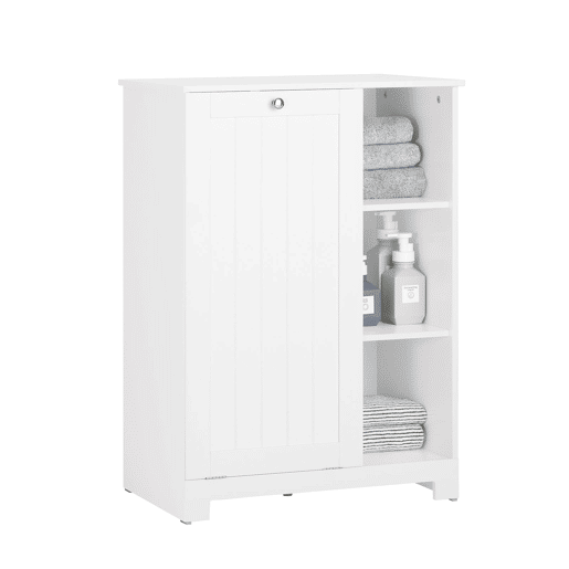 SoBuy BZR105-W Armário de casa de banho com 1 cesto para roupa suja e 3 prateleiras