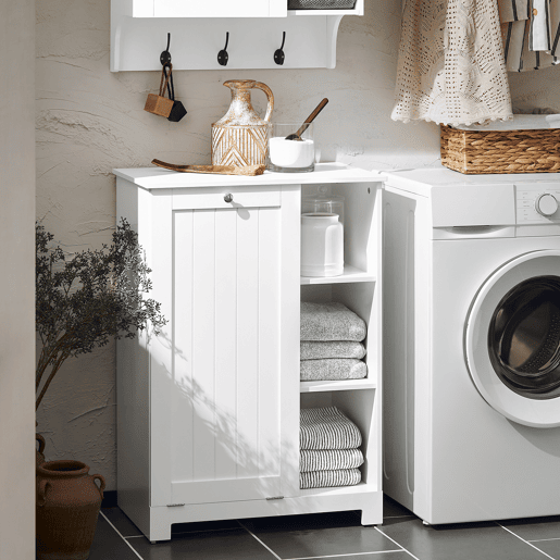 SoBuy BZR105-W Armário de casa de banho com 1 cesto para roupa suja e 3 prateleiras