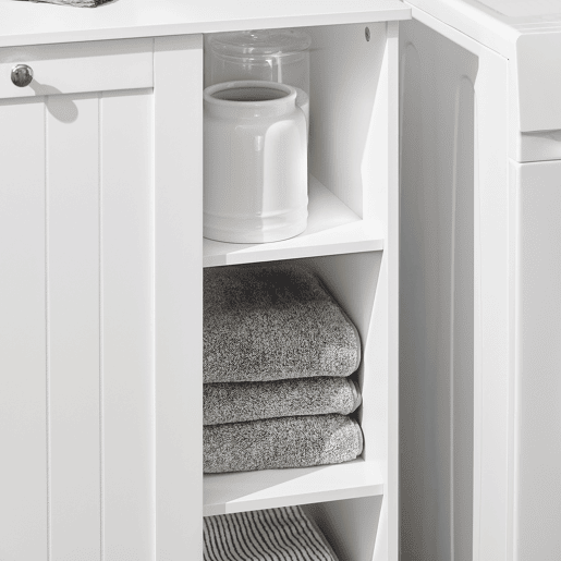 SoBuy BZR105-W Armário de casa de banho com 1 cesto para roupa suja e 3 prateleiras