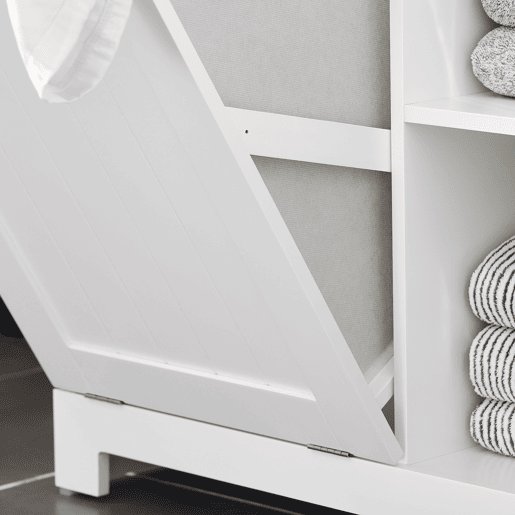 SoBuy BZR105-W Armário de casa de banho com 1 cesto para roupa suja e 3 prateleiras