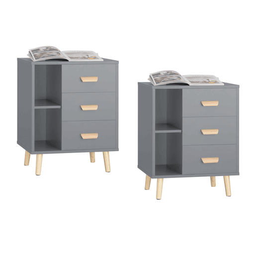 SoBuy FBT95-HGx2 Conjunto de 2 mesas de apoio Mesa de cabeceira com 3 gavetas Cinzento