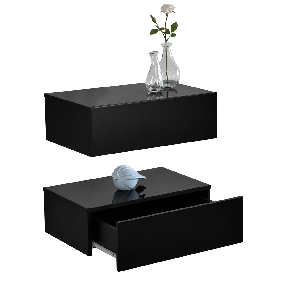 Set de 2 mesitas de noche de pared oslo con cajón aglomerado negro lacado de alto brillo - 46x30x15cm [en.casa]