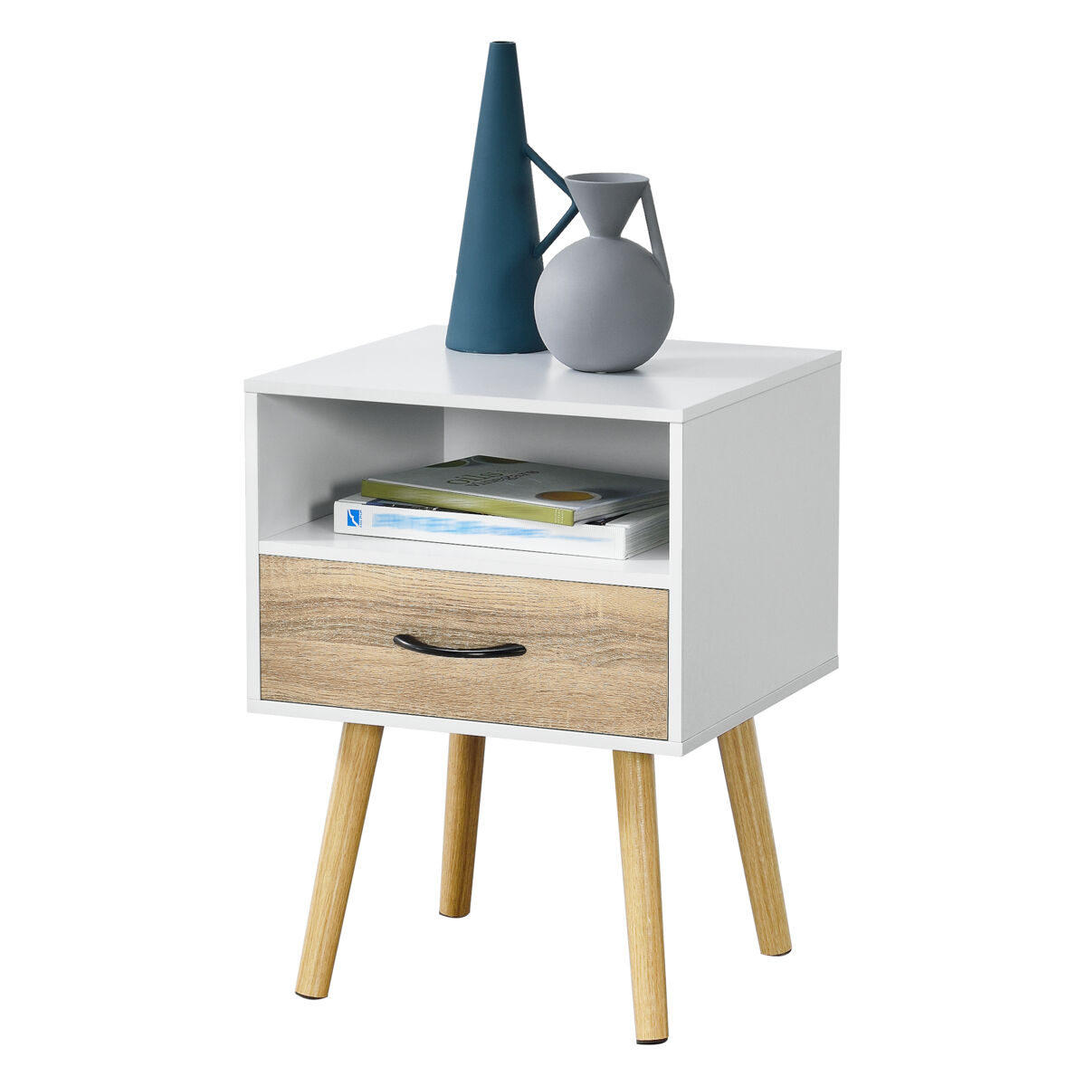 Mesa de noche gävle con cajón aglomerado/madera 54 x 40 x 30 cm - blanco y efecto roble [en.casa]