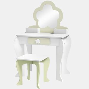 ZONEKIZ Toucador para Crianças com Espelho e Banco Toucador de Maquilhagem para Crianças de 3-6 Anos com 2 Compartimentos e Gaveta 55x34x87,5 cm Branco e Verde Pastel
