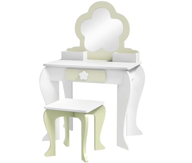 Zonekiz tocador infantil con taburete y espejo, tocador para niñas con cajón, compartimentos, diseño de flor, mesa de maquillaje para niños y niñas de 3-6 años, blanco y verde