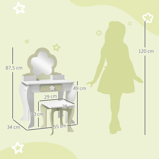 ZONEKIZ Toucador para Crianças com Espelho e Banco Toucador de Maquilhagem para Crianças de 3-6 Anos com 2 Compartimentos e Gaveta 55x34x87,5 cm Branco e Verde Pastel