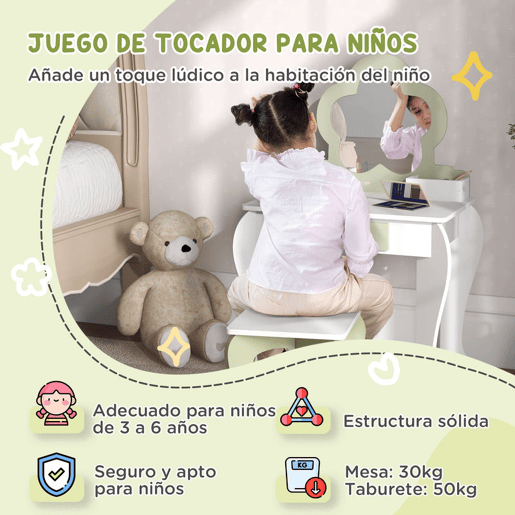 ZONEKIZ Toucador para Crianças com Espelho e Banco Toucador de Maquilhagem para Crianças de 3-6 Anos com 2 Compartimentos e Gaveta 55x34x87,5 cm Branco e Verde Pastel