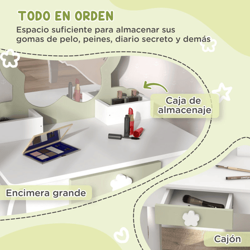 ZONEKIZ Toucador para Crianças com Espelho e Banco Toucador de Maquilhagem para Crianças de 3-6 Anos com 2 Compartimentos e Gaveta 55x34x87,5 cm Branco e Verde Pastel