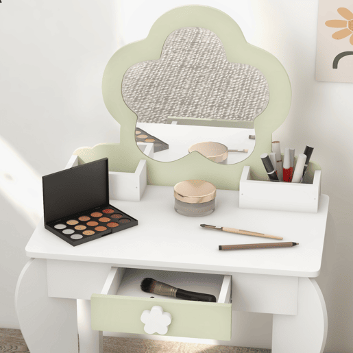 ZONEKIZ Toucador para Crianças com Espelho e Banco Toucador de Maquilhagem para Crianças de 3-6 Anos com 2 Compartimentos e Gaveta 55x34x87,5 cm Branco e Verde Pastel
