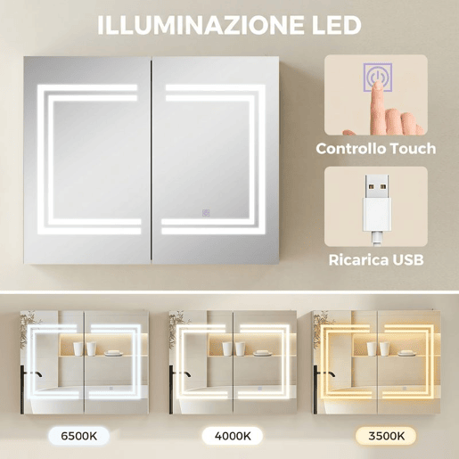 kleankin Armário Casa de Banho com Espelho e Luz LED Móvel Casa de Banho de Parede com 2 Portas Prateleiras Ajustáveis Interruptor Tátil e Cor da Luz Ajustável 80x15x65 cm Branco Brilhante