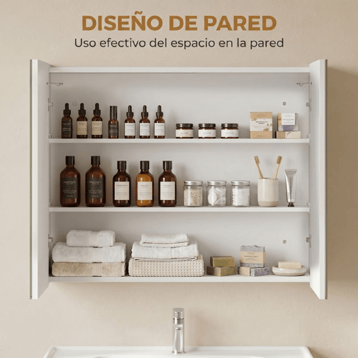 kleankin Armário Casa de Banho com Espelho e Luz LED Móvel Casa de Banho de Parede com 2 Portas Prateleiras Ajustáveis Interruptor Tátil e Cor da Luz Ajustável 80x15x65 cm Branco Brilhante