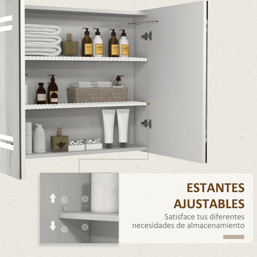 kleankin Armário Casa de Banho com Espelho e Luz LED Móvel Casa de Banho de Parede com 2 Portas Prateleiras Ajustáveis Interruptor Tátil e Cor da Luz Ajustável 80x15x65 cm Branco Brilhante