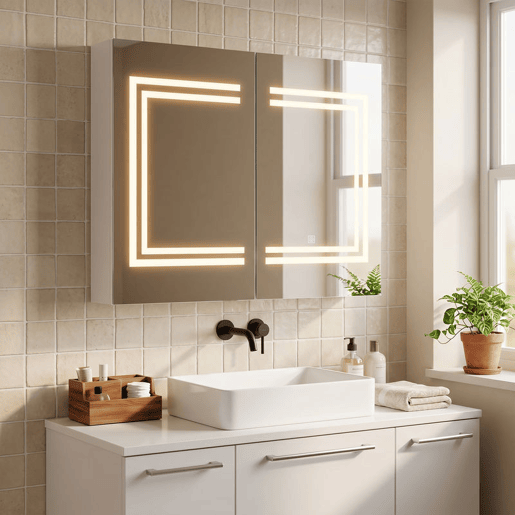 kleankin Armário Casa de Banho com Espelho e Luz LED Móvel Casa de Banho de Parede com 2 Portas Prateleiras Ajustáveis Interruptor Tátil e Cor da Luz Ajustável 80x15x65 cm Branco Brilhante