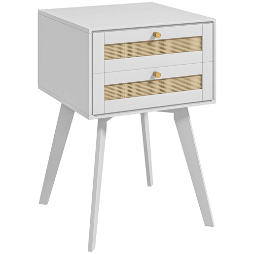 HOMCOM Mesa de Cabeceira Branca Estilo Boho com 2 Gavetas e Decoração de Vime para Quarto Sala de Estar 40x40x60 cm